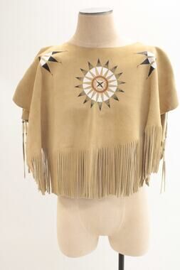 Southwestern Fringe Buckskin Suede Poncho Shawl Geometric Sun Starburst Festival